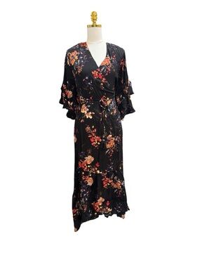 Lovestitch Boho Floral Midi Dress Size L V Neck Flowy Ruffle